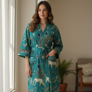 Emerald Green Jungle Print Cotton Kimono <b>Robe</b> <b>Women</b> Long Length Long Sleeves V Neck Drawstring Comfortable Nightwear - Product Image 2
