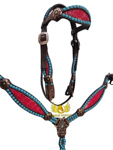 Red croc Inlay Turquoise Crystal Leather Horse Tack Set Crystal Conchos Headstall Breast Plate Genuine Leather Lightweight Tack - Product Image 3