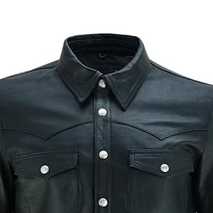 <b>Men's</b> Black Leather Look Button Up <b>Shirt</b> Long Sleeve Collared Casual <b>Western</b> Style Top with Pockets - Product Image 3