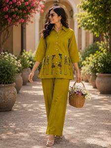 Conjunto de Kurti y Palazzo de Algodón Verde Oliva para Mujer con Estampado a Mano, Corte Holgado, Estilo Casual de Verano, Estilo India-Pakistán - Product Image 1