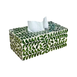 Caja de pañuelos de cristal veneciano hecha a mano con diseño de hojas verdes, portapañuelos cuadrado - Product Image 3