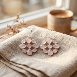 Pendientes colgantes de flor de cuarzo rosa natural, plata de ley 925, hechos a mano, piedra preciosa rosa, joyería floral delicada, regalo para mujer - Product Image 5