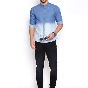 Camisa de Mezclilla para Hombre, Cuello Mao, Manga Tres Cuartos, Teñido Degradado, Color Sólido, Cierre de Botones, Corte Ajustado, Estilo Casual para Verano - Product Image 6