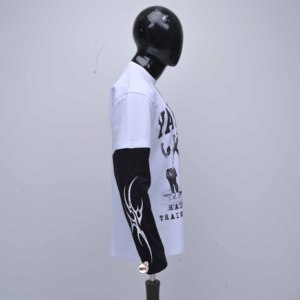 T-shirt blanc à manches longues pour homme YAHROKI de haute qualité, manches contrastées noires, col rond uni, coupe classique, 100% coton 240g - Product Image 6