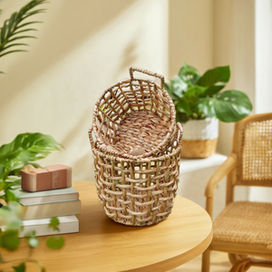 ทรงกลมพร้อมตะกร้าผักตบชวาทอพิเศษสําหรับจัดเก็บในบ้านและจัดเก็บองค์กรทําด้วยมือจากเวียดนาม - Product Image 1