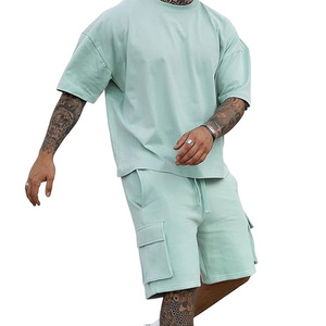 2026 Summer Men's Casual Shorts Sets 2-Piece Outfits T-Shirt <b>Drop</b> Shoulder Short Sleeve Drawstring Shorts Plus Size High Street - Product Image 3