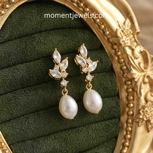 <b>Gold</b> Plated Pearl Drop <b>Earrings</b> Marquise Cut Cubic Zirconia Leaf <b>Dangle</b> <b>Earrings</b> for Wedding Gift - Product Image 5