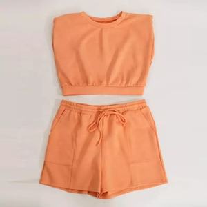 Wholesale Good Quality Custom Logo Joggers 2 Piece Crop Top Two Piece <b>Short</b> Set Cotton Workout <b>Women</b> <b>Biker</b> <b>Shorts</b> Two Piece Sets - Product Image 6