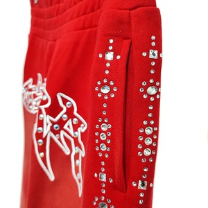 Pantalon de jogging décontracté pour homme, 450 GSM, 100 % coton, coupe large, taille élastique, déchiré et vieilli, avec strass latéraux, pour l'hiver - Product Image 4