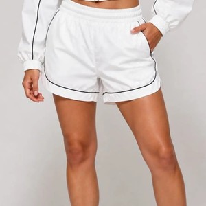 Customized Logo Women's <b>White</b> <b>2</b> <b>Piece</b> Sporty <b>Set</b> With Shorts And Long Sleeve Top Breathable Polyester Spring Summer Workout Wear - Product Image 5