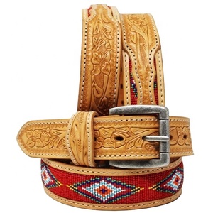 High Quality Western <b>Cowboy</b> Beaded Leather Belt Hand Tooled Design Cow Hide Material Steel <b>Top</b> Indian Wholesale Manufacturer - Product Image 1