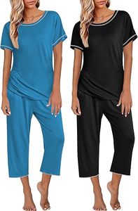 2 Pack Womens Pajamas Sets Short Sleeve Tops and Capri Pants <b>Pjs</b> Colorful Printed Sleepwear Sets - Product Image 3