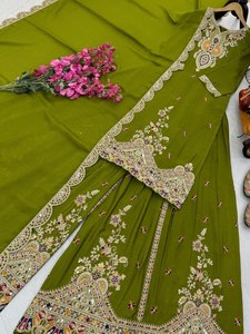 Ensemble de robe Sharara Salwar Kameez en soie brodée verte avec dupatta pour mariage et fête, pour femmes - Product Image 5