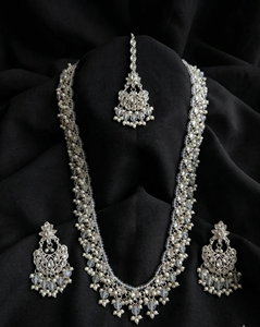 Crystal <b>Beaded</b> Long Necklace <b>Set</b> Kundan Work Traditional Indian Mala Antique Gold Plated Zircon Stones Gift Engagement Party - Product Image 3