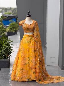 Ensemble Lehenga Choli pour femmes, imprimé numérique jaune moutarde, avec dupatta - Product Image 5