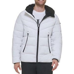 <b>Men's</b> <b>White</b> Hooded Down Coat Casual Regular Fit Polyester Outerwear with Zipper Closure For <b>Mens</b> - Product Image 1