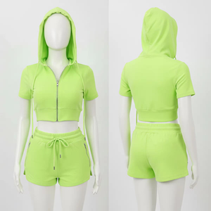 Women's Casual 2 Piece Hooded Sleeveless Crop Top Shorts <b>Set</b> Zipper Sporty Solid Color Summer <b>Knitted</b> Polyester/Cotton Outfit - Product Image 3