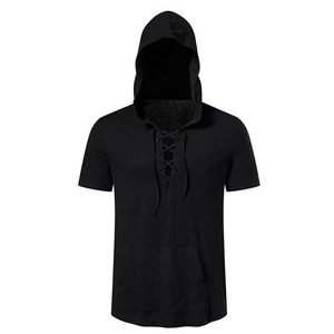 Mens <b>Short</b> <b>Sleeve</b> <b>Hoodie</b> Lace Up Solid Casual Hooded T Shirt with Pocket Summer Top - Product Image 2