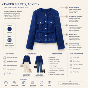 Cosh International Sorority Sisterhood Greek Apparel Delta Sigma <b>Women</b> Elegant <b>Tweed</b> Blue Crop <b>Jacket</b> With Button Closure - Product Image 5