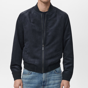 Men's Navy <b>Suede</b> Bomber <b>Jacket</b> Stand Collar Zipper Closure Casual Regular Fit Autumn Wear - Product Image 3