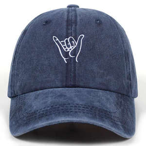Casquette de baseball vintage bleu marine délavé en polyester/coton avec motif Shaka Hang Loose brodé de paillettes et imprimé par transfert thermique - Product Image 1