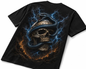 Camiseta negra para hombre con estampado de calavera y serpiente, corte regular, cuello redondo, manga corta, estilo punk, jersey de algodón con logo personalizado. - Product Image 5