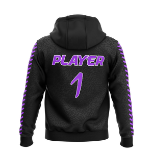 Sweat-shirt sportif en molleton noir uni pour homme, imprimé sur mesure avec poche avant et motif de couture de baseball violet par sublimation - Product Image 2