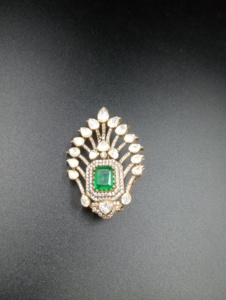 <b>Gold</b> Plated Silver Eagle Design Brooch with Moissanite & Polki Green Doublet Stone for Unisex Party & Wedding Jewelry - Product Image 3