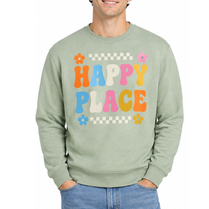 เสื้อสเวตเชิ้ตคอกลมสีเขียวเซจสำหรับผู้ชาย ลายกราฟิก Retro Happy Place สไตล์ลำลอง ยอดนิยม - Product Image 1