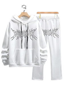 New <b>Men</b> <b>White</b> Hooded Tracksuit Set Full Sleeve Drawstring Closure Letter Print Streetwear <b>Joggers</b> With Side Pockets Autumn Wear - Product Image 2