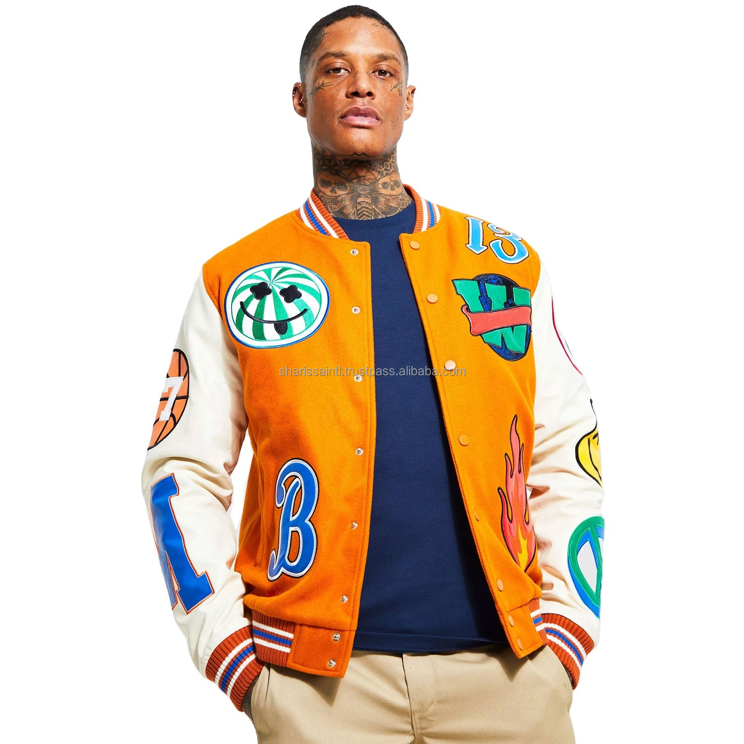Custom Made American College Varsity Jacket with Blush-Colored Wool Blend & Leather Fabric with Chenille Decorative Patches