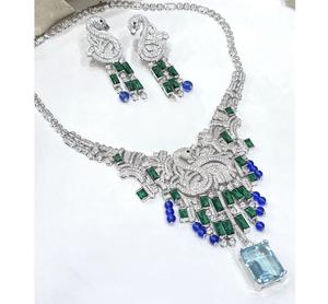 ชุดสร้อยคอและต่างหูเงินชุบประดับเพชร CZ ดีไซน์โดดเด่น ยาวหรูหรา เหมาะสำหรับงานแต่งงานแบบอินเดียและงานปาร์ตี้สำหรับผู้หญิง - Product Image 2