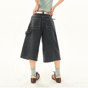Pantalones Cortos Cargo de Cintura Alta para Mujer, Ajuste Holgado, Mezclilla Lavada a la Piedra con Cinturón, Estilo Casual, Color Sólido, Transpirables, de Lona - Product Image 2