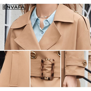 Gabardina Larga para Mujer ENVAFA, Doble Botonadura, Impermeable, Resistente al Viento, Color Liso, Informal, Manga Larga, Primavera - Product Image 6