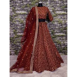 Lehenga Choli de mariée en soie avec broderie Zari bordeaux et dos illusion - Product Image 5