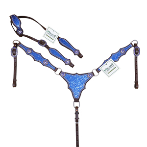 Western Leather Headstall Set with Royal <b>Blue</b> <b>Glitter</b> Big Chunk Sparkles and Bling Rhinestone Conchos - Product Image 1