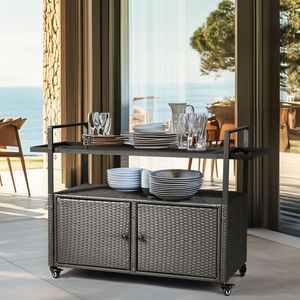 Carrello Bar Grande da Esterno in Vimini con Ruote, Mobile Buffet con Piano in Vetro e Funzione Tavolo da Isola - Caratteristiche Principali - Product Image 3