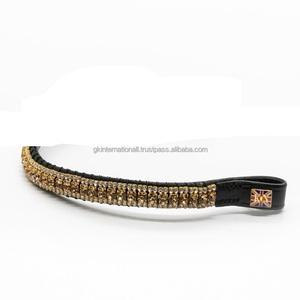 Frontal en cuir pour cheval, forme vague, avec logo personnalisé, fermoir à pression, orné de cristaux dorés et blancs faits main et de pierres incrustées de diamants. - Product Image 2