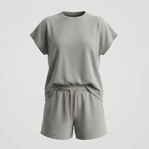 Women's 2 Piece Knitted Shorts <b>Set</b> Solid Gray Short Sleeve Crew Neck Loose Fit Casual Above Knee Breathable Cotton <b>Twin</b> <b>Set</b> - Product Image 1