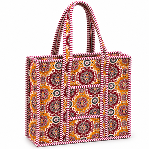 Bohemian Panelled Cotton Tote <b>Bag</b> with Red <b>White</b> Stripe Trim Zipper Closure Large Capacity Fashion Shopping <b>Bag</b> All Seasons - Product Image 1