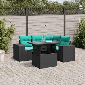 Juego de sofás de jardín de ratán sintético negro de 5 piezas con cojines - Product Image 1