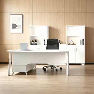 Bureau de direction moderne blanc durable avec plateau en bois et armoire de rangement – Design minimaliste – Mobilier de bureau autoportant – Assemblage inclus - Product Image 2