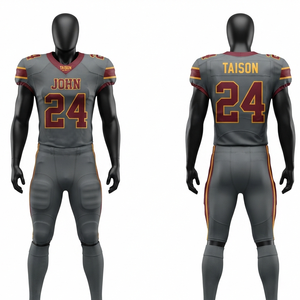 220 GSM Premium Polyester Mesh American Football Uniform Men Short Sleeve Front Printed Grey Burgundy Gold Custom Tackle Twill - Product Image 1