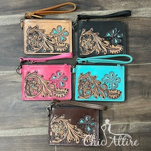 Top Selling <b>Real</b> Handmade Genuine Tooled <b>Leather</b> <b>Wallet</b> Stylish Floral & Butterfly Design Coin & Card Holder Women's Daily Use - Product Image 1
