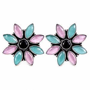 Vintage Jade Flower <b>Stud</b> <b>Earrings</b> Women | <b>Silver</b> Plated Brass Floral Statement <b>Earrings</b> | Marquise Petal Boho Jewelry Direct - Product Image 2