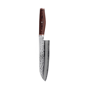 Cuchillos Santoku con mango de grano marrón y negro y hojas plateadas martilladas, con pasador decorativo, para cortar verduras, picar y preparar alimentos. - Product Image 5