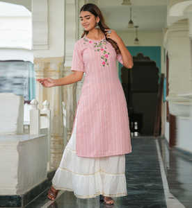 Kurta Droite Imprimée à Rayures et Broderies, Couleur Rose, Élégante, Ethnique, pour Femme, Été, 100% Coton, Séchage Rapide, Protection Solaire - Product Image 6