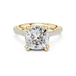 Bague de fiançailles et alliance en or jaune avec diamant taille coussin, halo caché et pierres latérales pour femme - Product Image 1