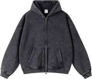 Sudadera con capucha de doble cremallera para hombre y mujer, oversize, ligera, de algodón polar, estilo vintage, con efecto desgastado y lavado ácido, con cordón ajustable, a la moda. - Product Image 5