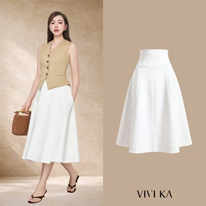 Jupe midi trapèze blanche taille haute pour femme, élégante, en polyester tissé, idéale pour le bureau - RYAN - Product Image 1